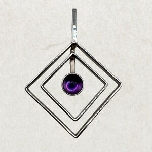 Vintage Large Artisan Sterling Silver Pendant with Amethyst, Rhodium-Plated